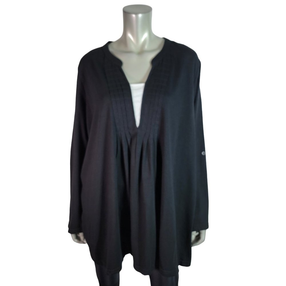 Woman Within Top Plus Size 22/24 Pleated V-Neck‎ Roll Tab Sleeve Stretch Black